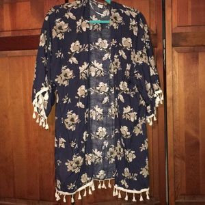 Navy Blue & Khaki Floral Kimono